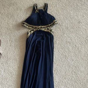 Navy blue and gold prom dress